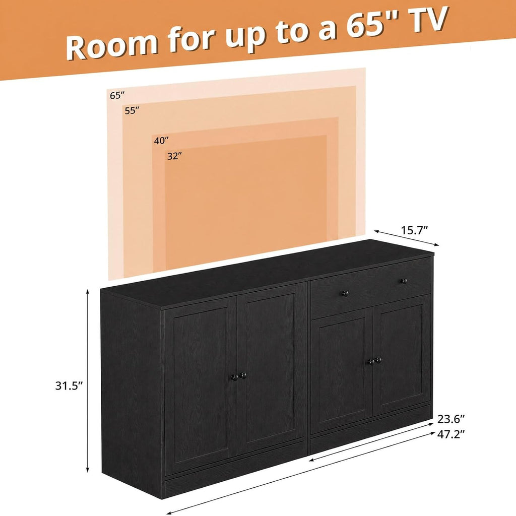 Black Tall Glass Wood TV Stand Storage Set