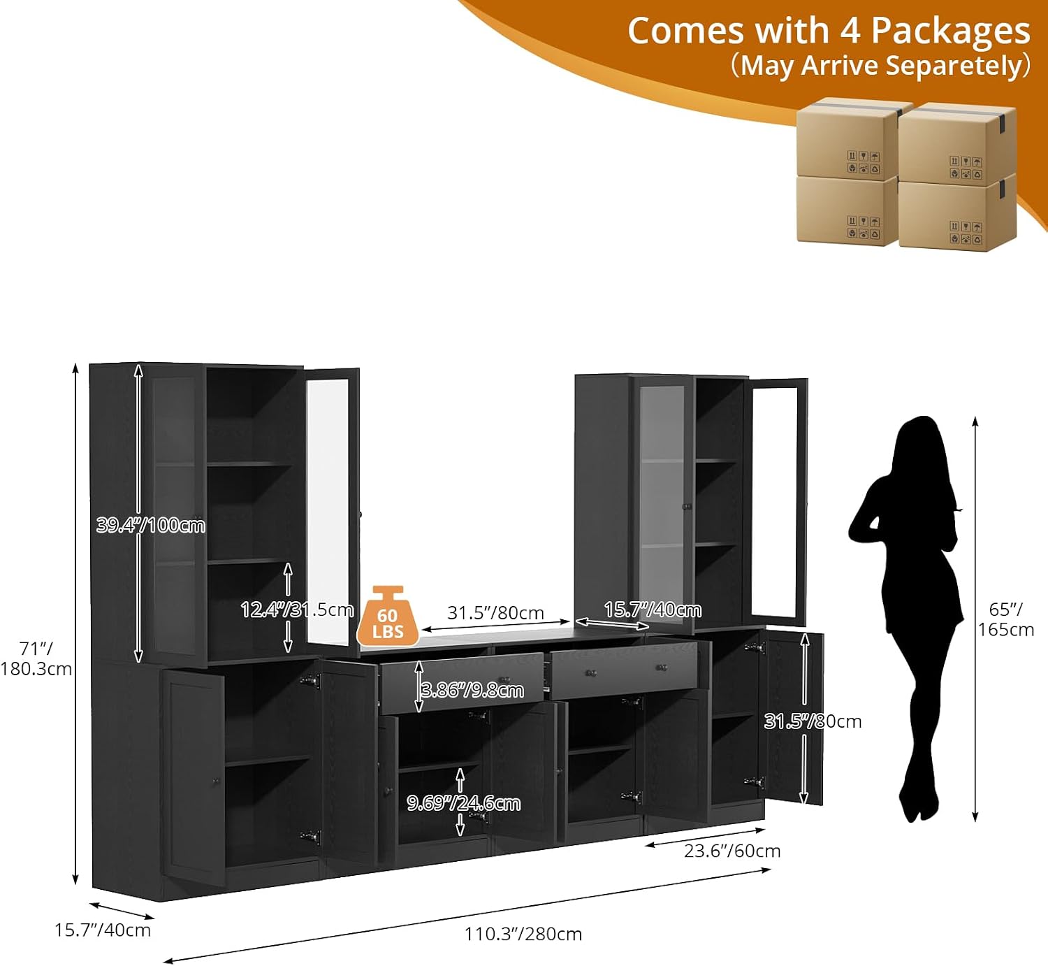 Black Tall Glass Wood TV Stand Storage Set