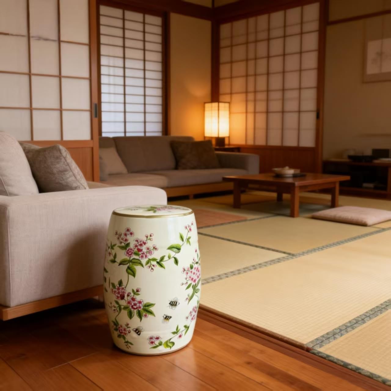 Japanese Sakura Ceramic Drum Decor Stool