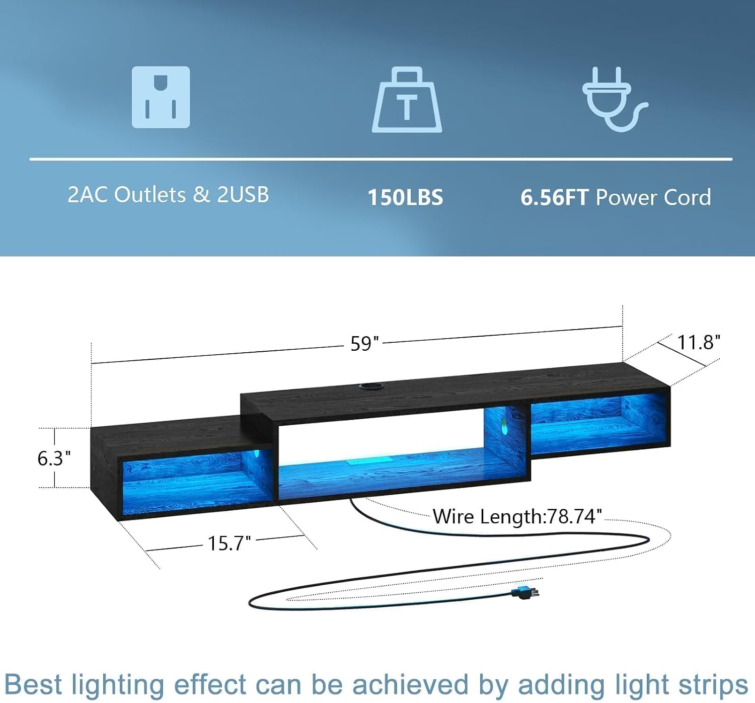 Black LED Power Floating Wall TV Stand