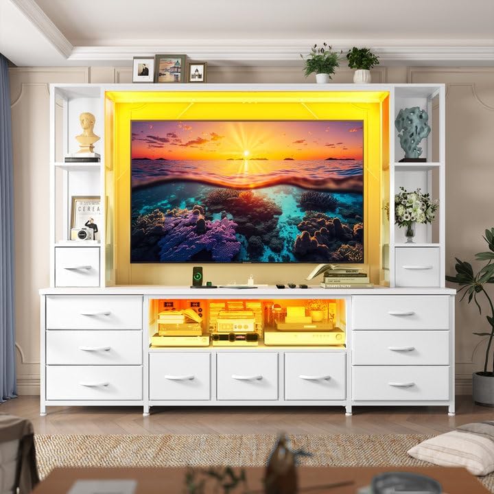 White LED Fabric Drawer Wall Unit TV Stand