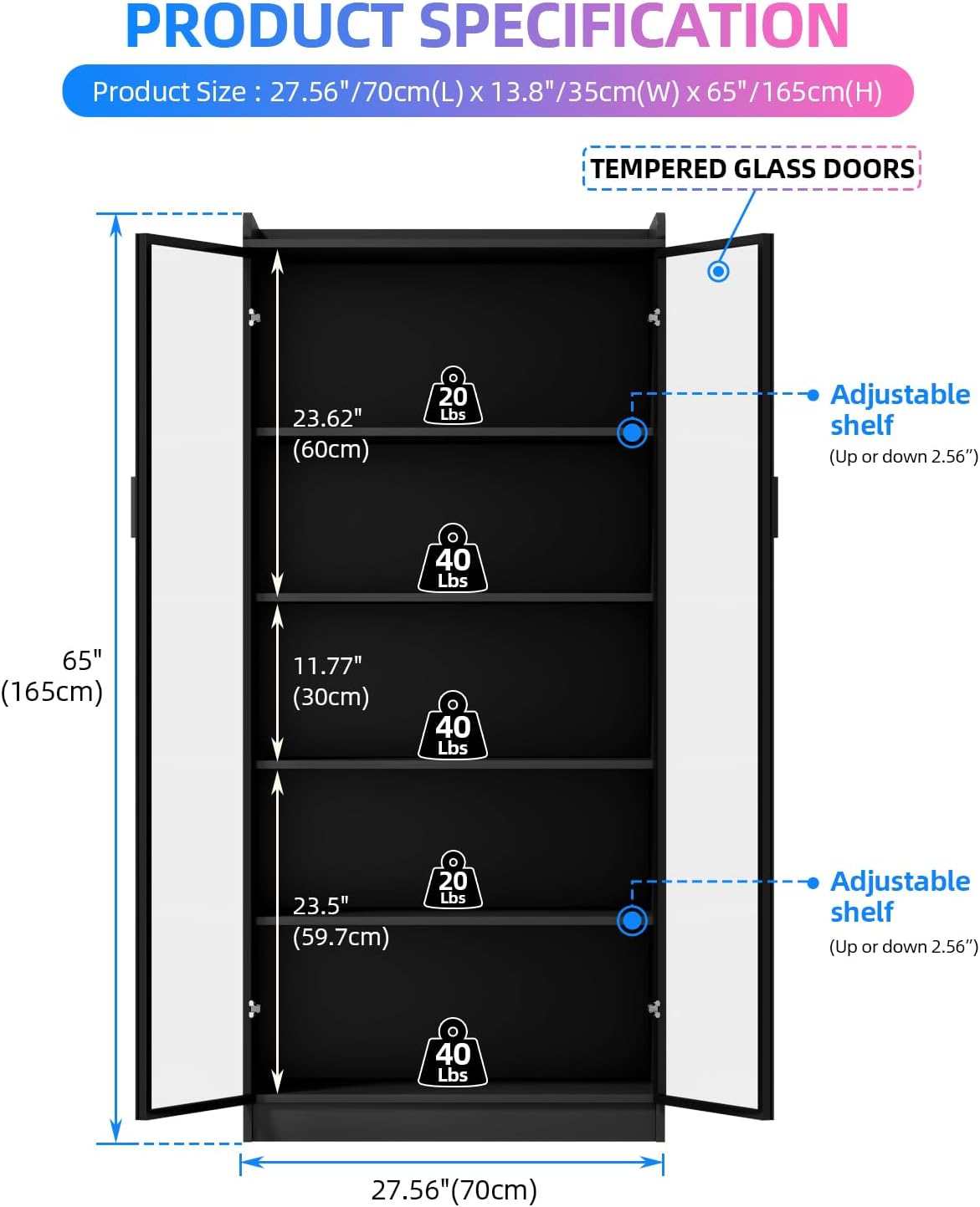 Black Tall RGB Motion Sensor Glass Display Cabinet