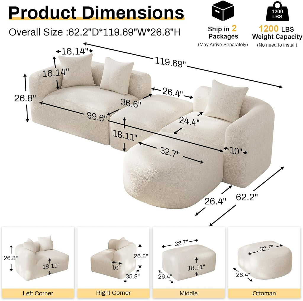 Cream Chenille Curved Cloud Sectional Sofa with Ottoman