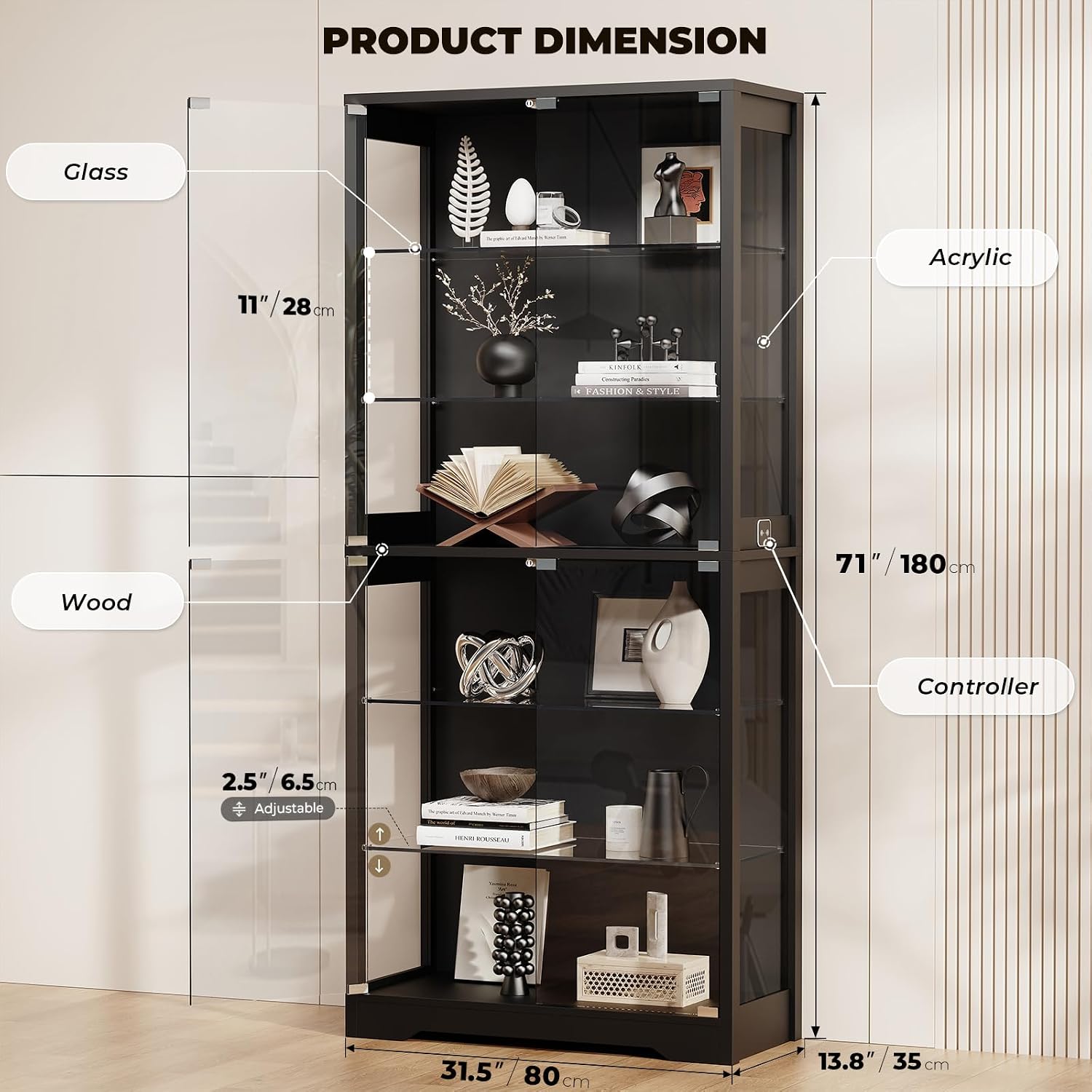 Black Tall LED Sensor Glass Display Cabinet