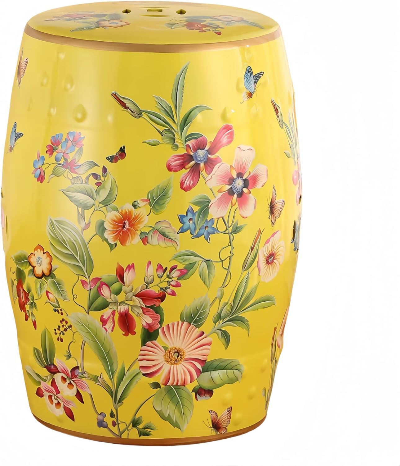 White Floral Butterfly Ceramic Drum Stool