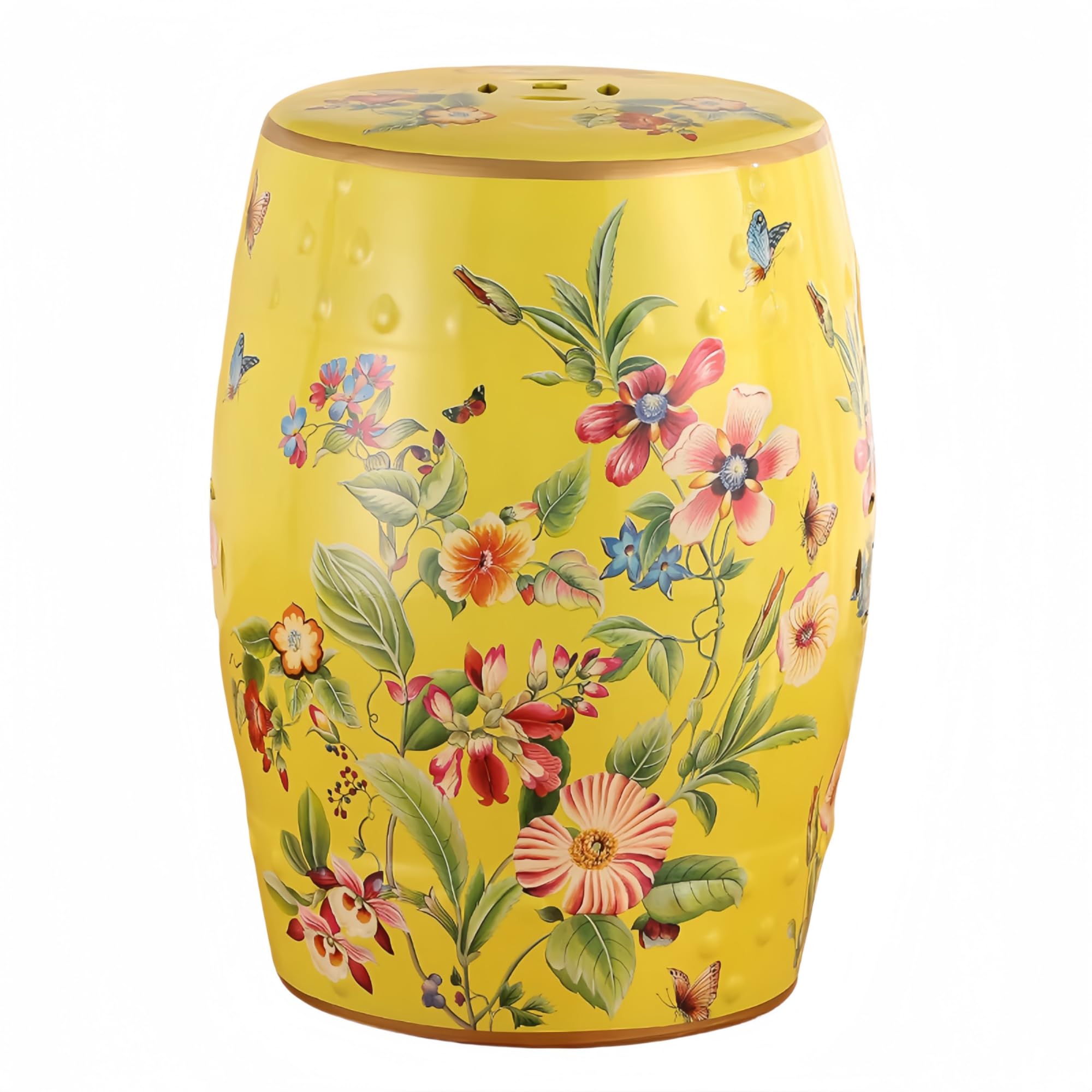 White Floral Butterfly Ceramic Drum Stool