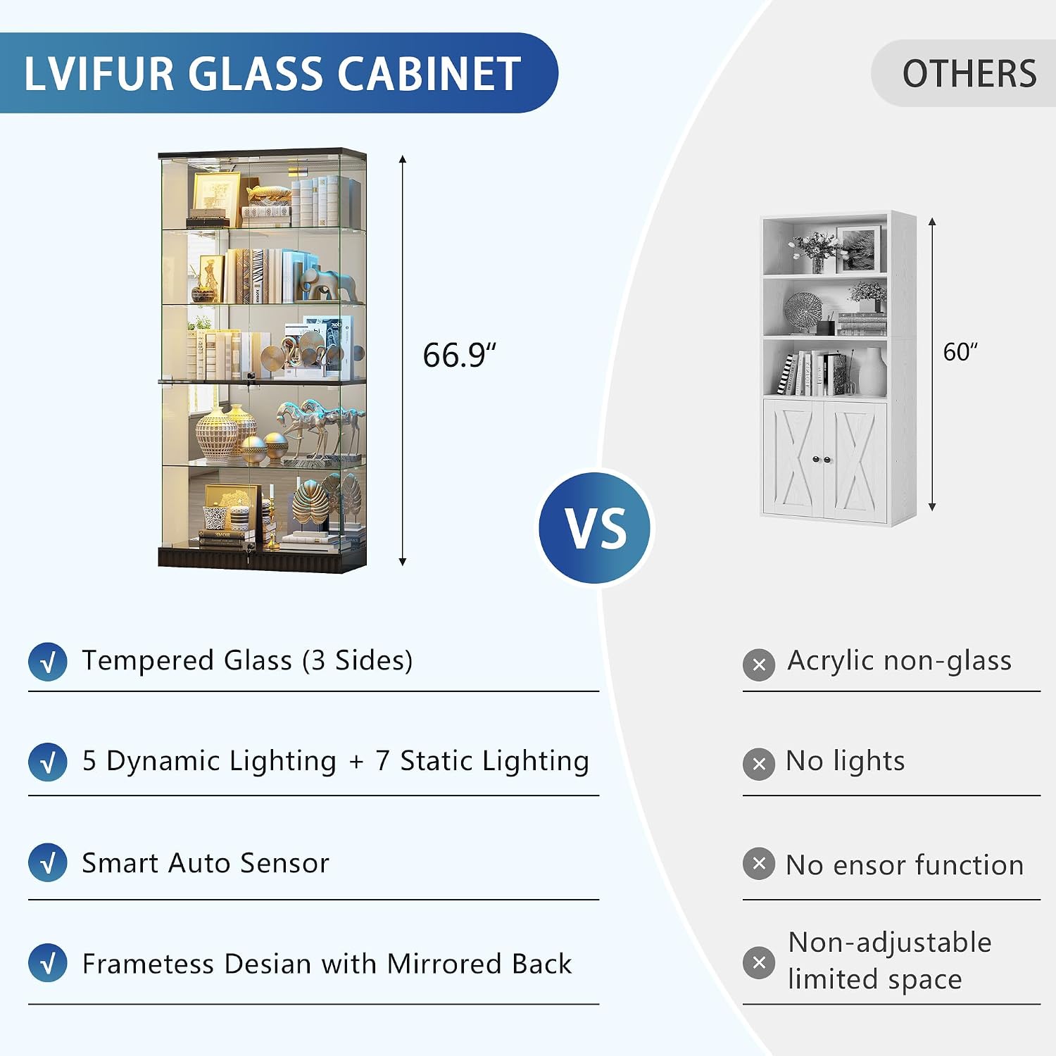 Black Frameless RGB Lockable Glass Display Cabinet