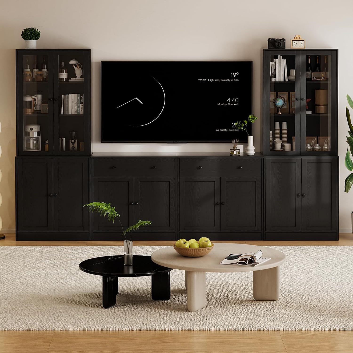Black Tall Glass Wood TV Stand Storage Set