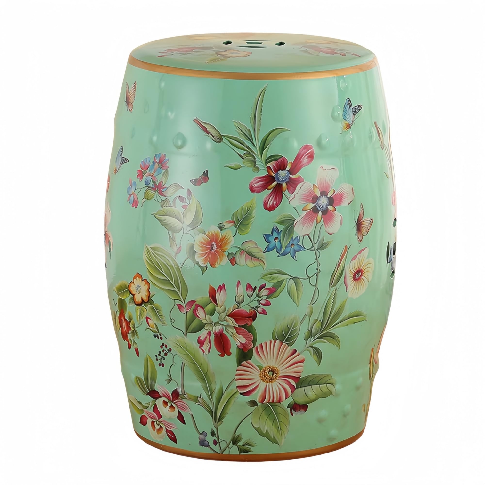White Floral Butterfly Ceramic Drum Stool