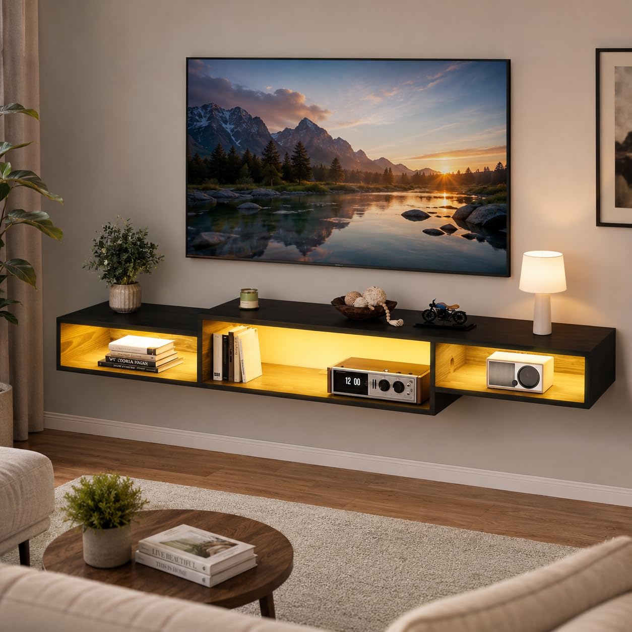 Black LED Power Floating Wall TV Stand