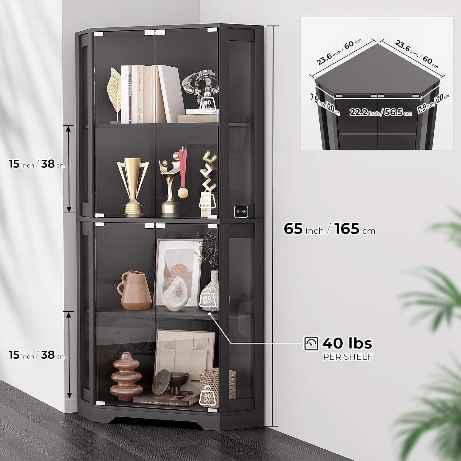 Black Corner LED Sensor Glass Display Cabinet