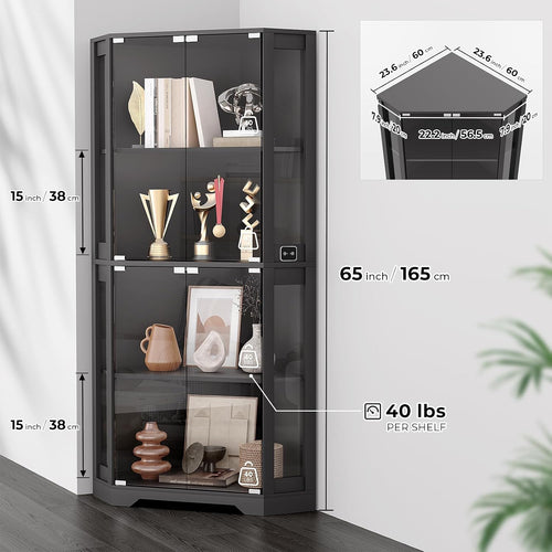 Black Corner LED Sensor Glass Display Cabinet