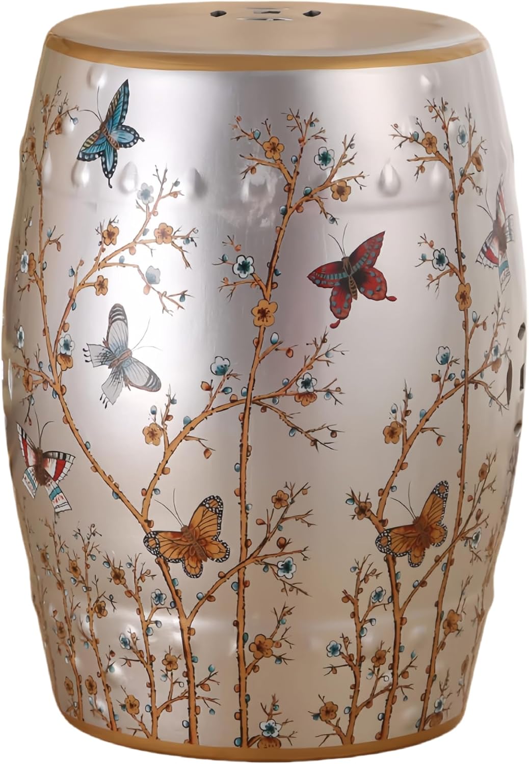 Silver Floral Butterfly Ceramic Drum Garden Stool