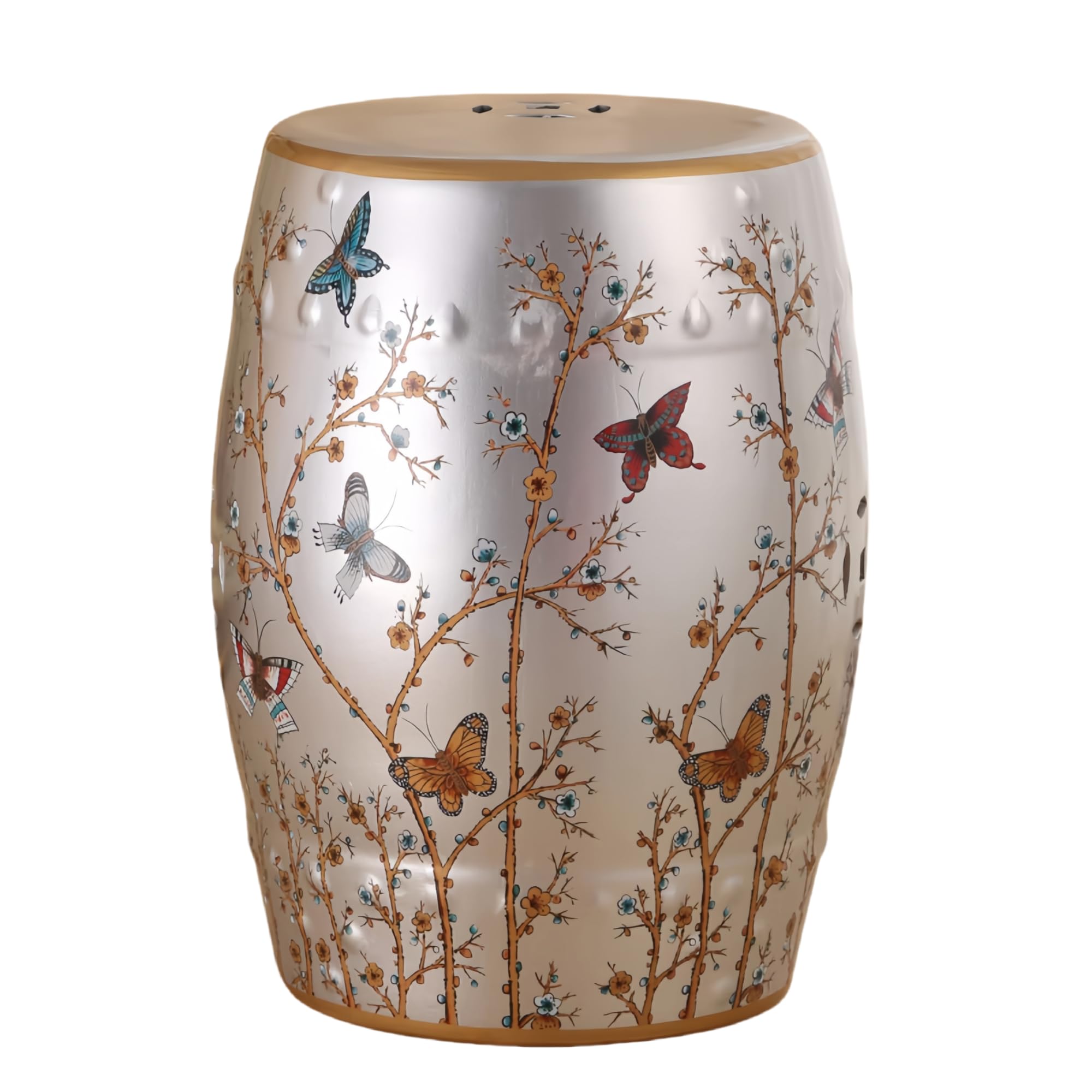 Silver Floral Butterfly Ceramic Drum Garden Stool