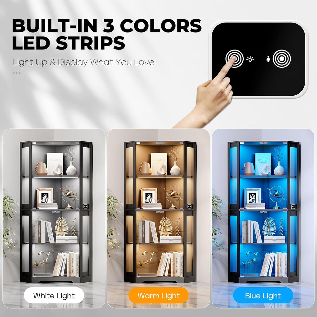 Black Corner LED Sensor Glass Display Cabinet