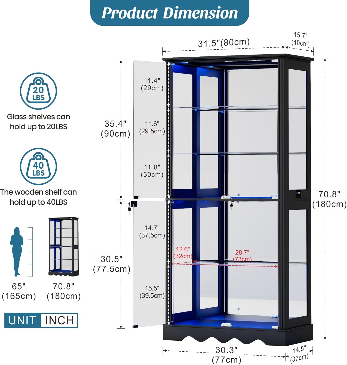 Black Tall RGB Sensor Glass Display Cabinet