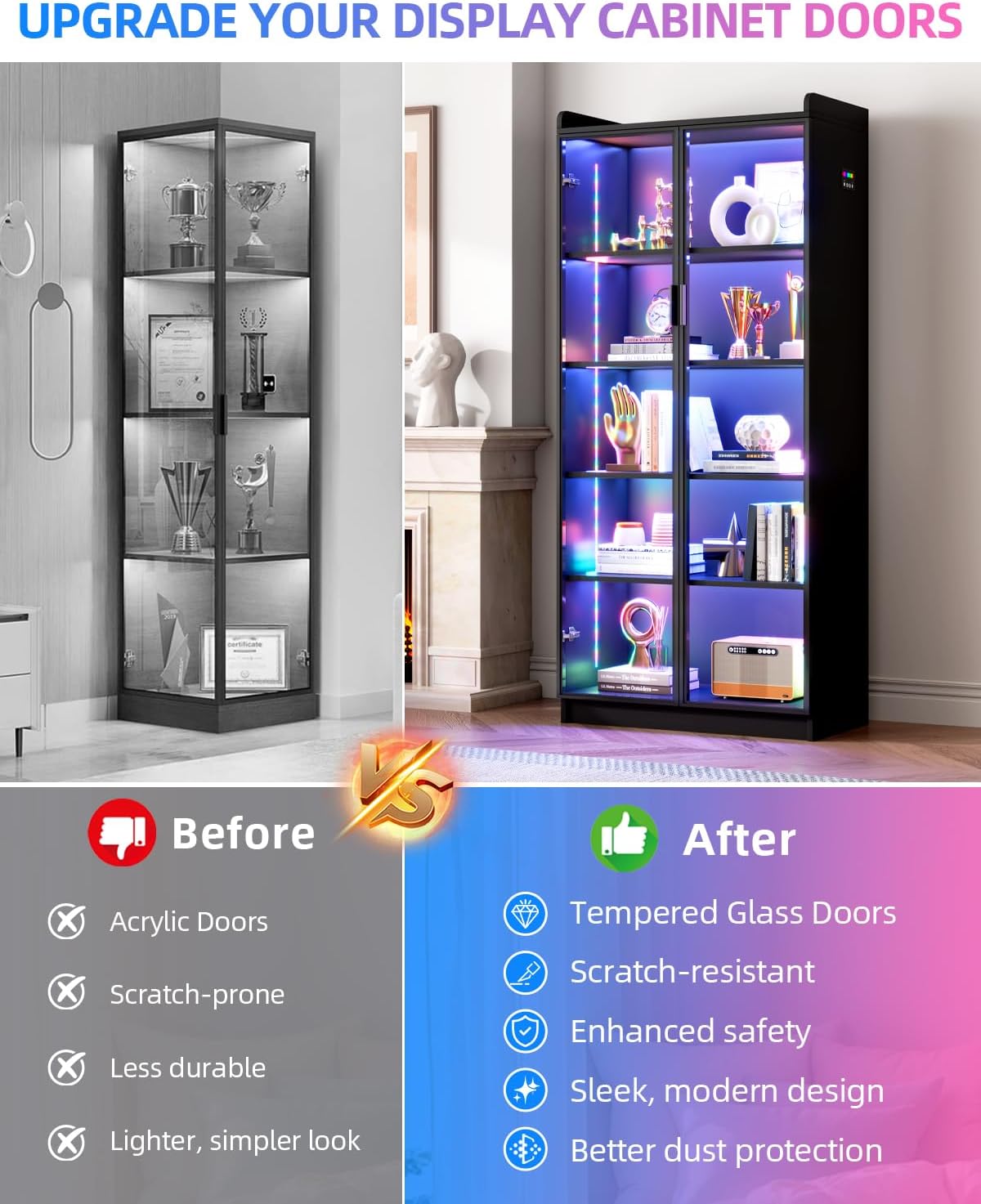 Black Tall RGB Motion Sensor Glass Display Cabinet