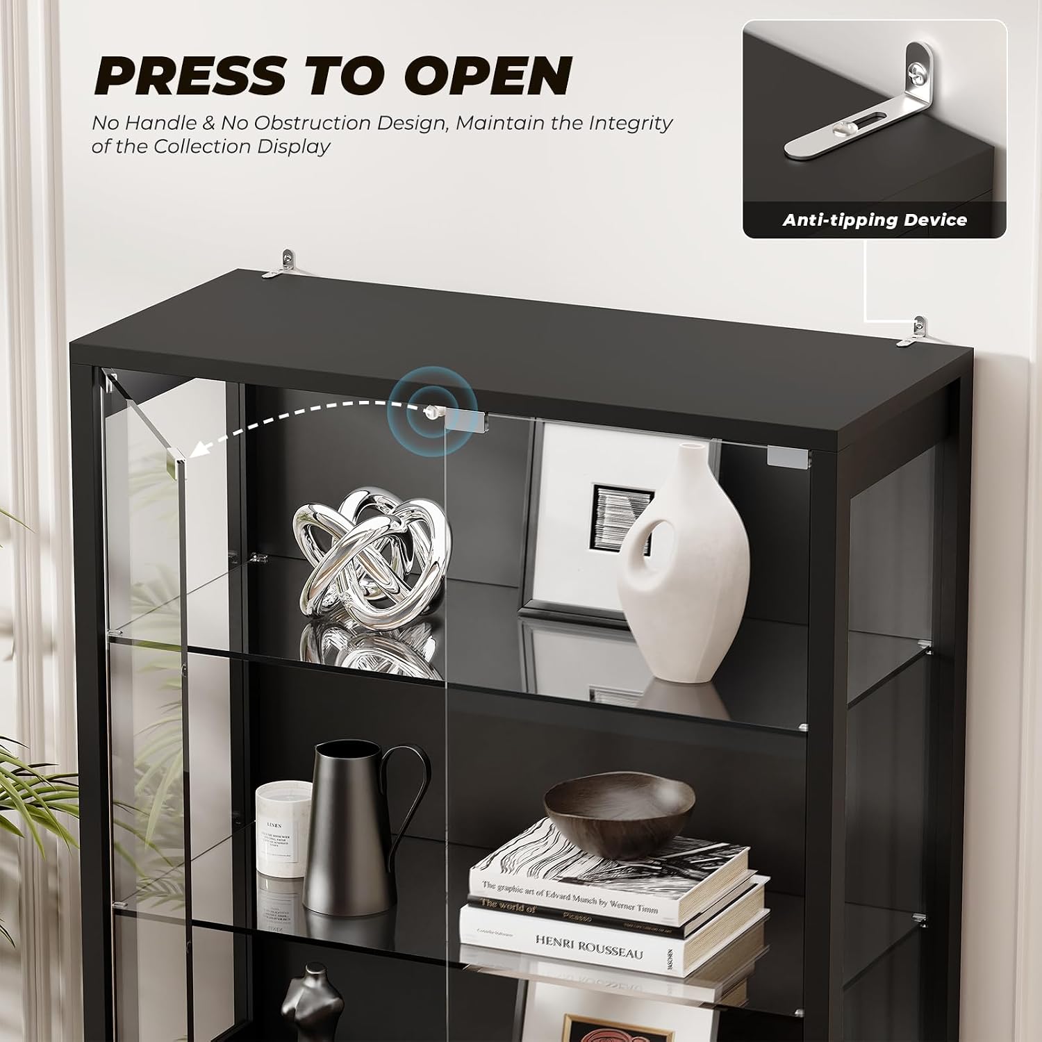 Black Tall LED Sensor Glass Display Cabinet
