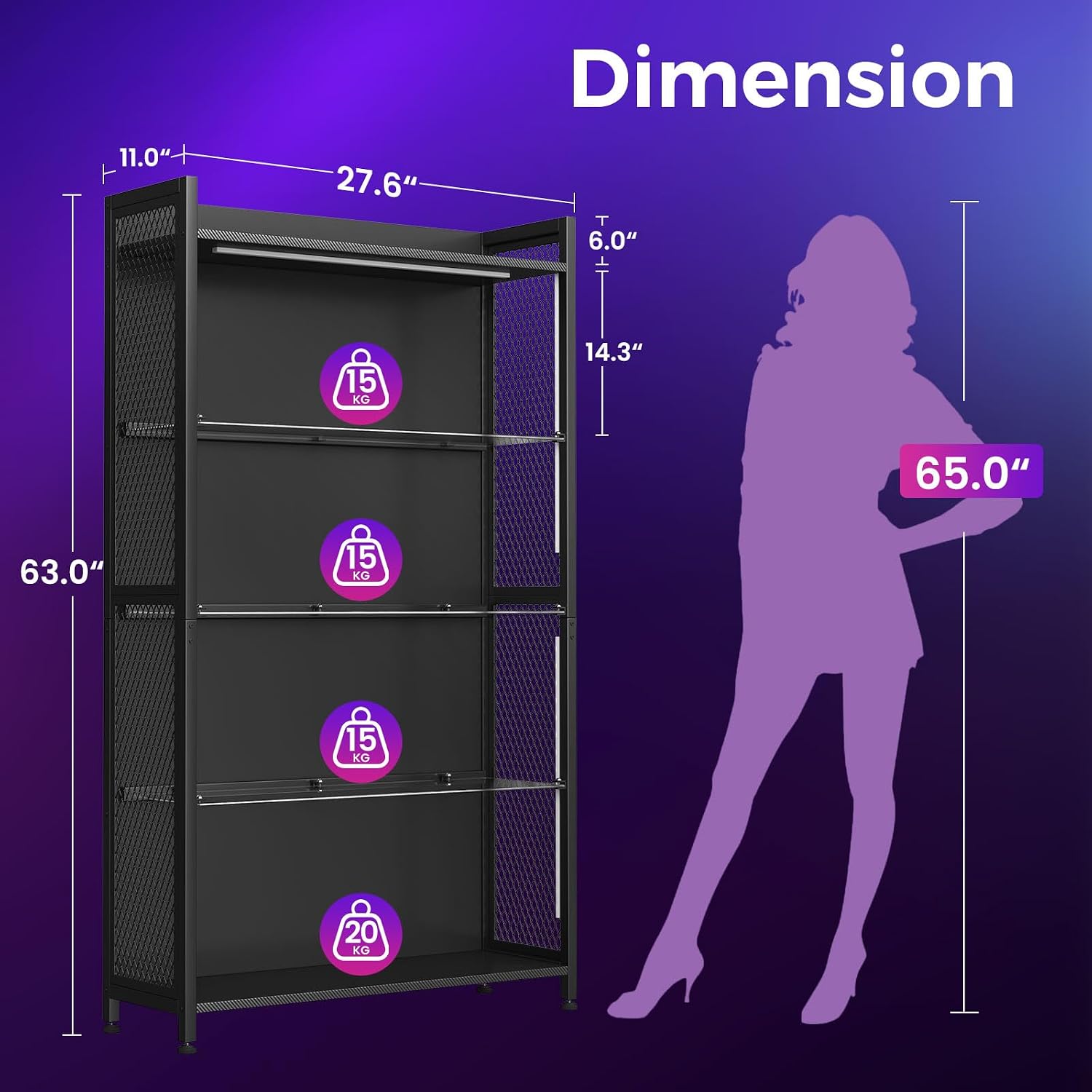 Black Industrial Mesh LED Glass Display Cabinet
