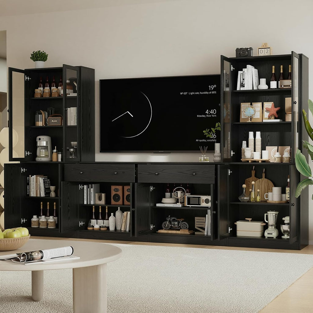 Black Tall Glass Wood TV Stand Storage Set