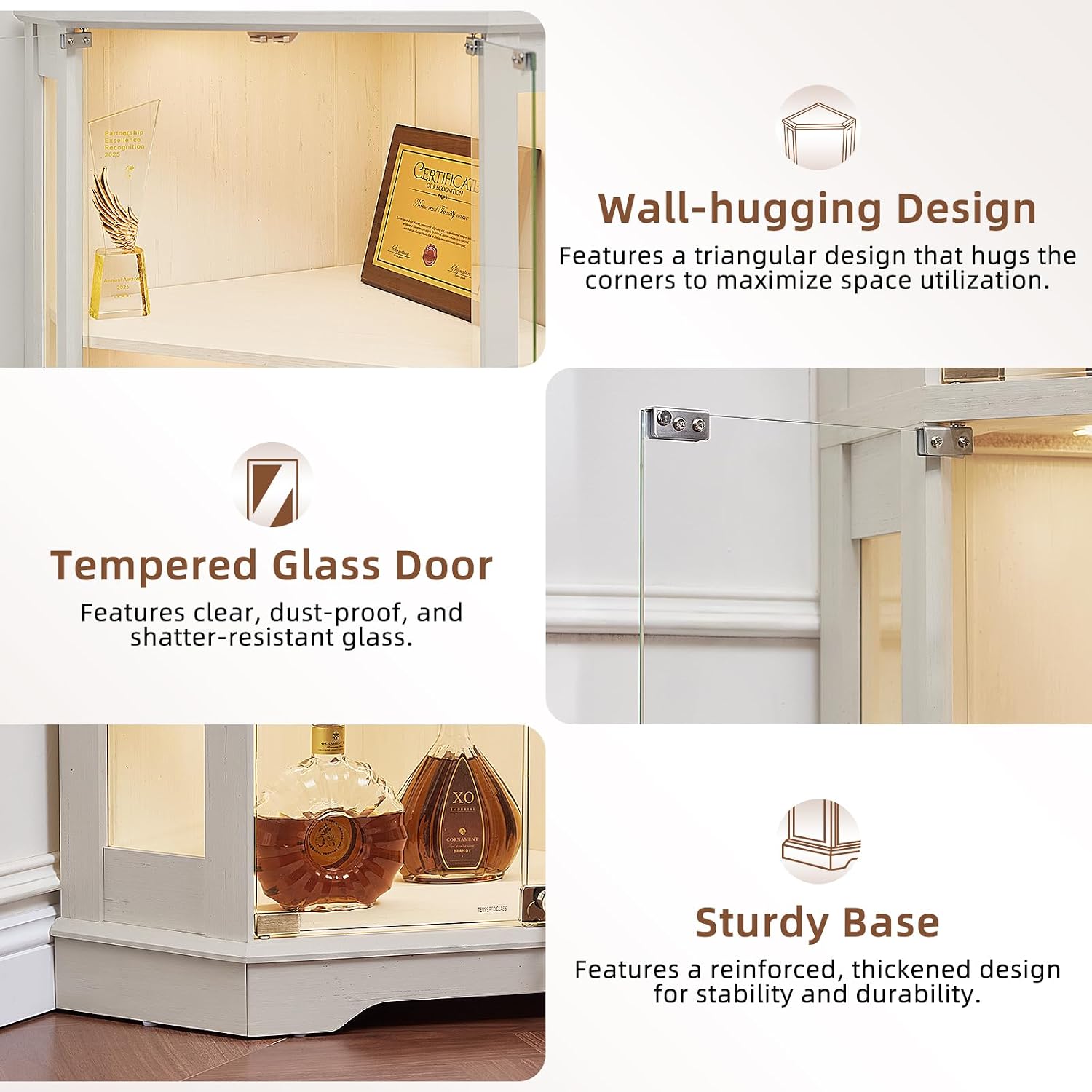 White Farmhouse LED Glass Door Corner Cabinet