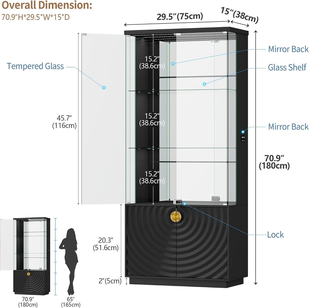 Black Tall Lockable LED Glass Display Cabinet