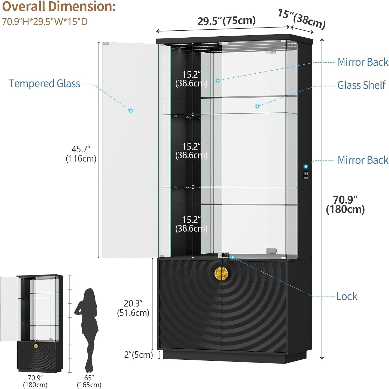 Black Tall Lockable LED Glass Display Cabinet