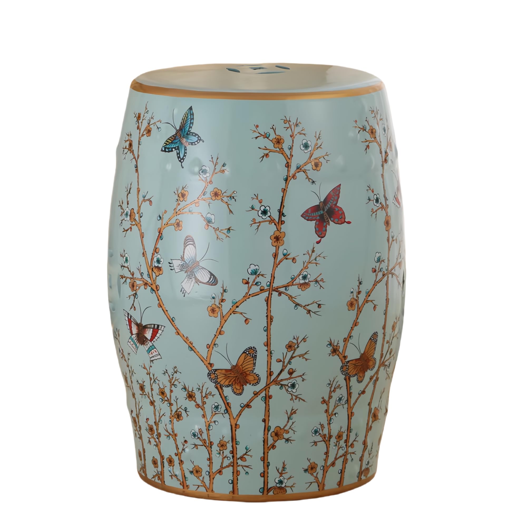 Silver Floral Butterfly Ceramic Drum Garden Stool
