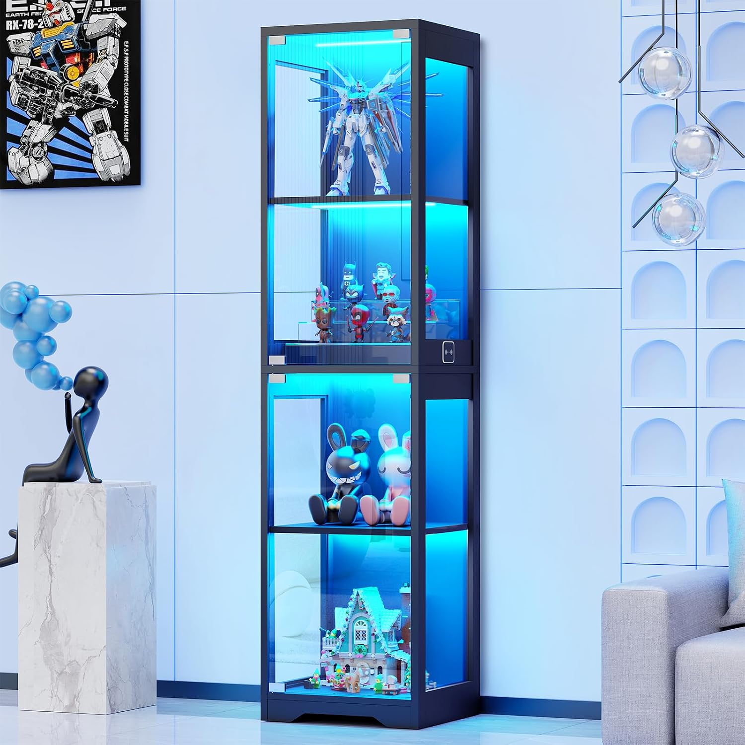 Black LED Motion Sensor Glass Display Cabinet