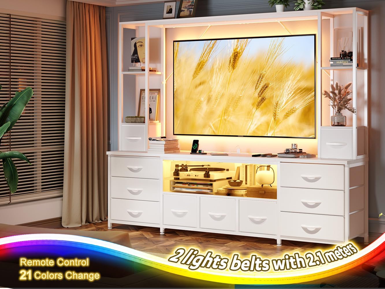 White LED Fabric Drawer Wall Unit TV Stand