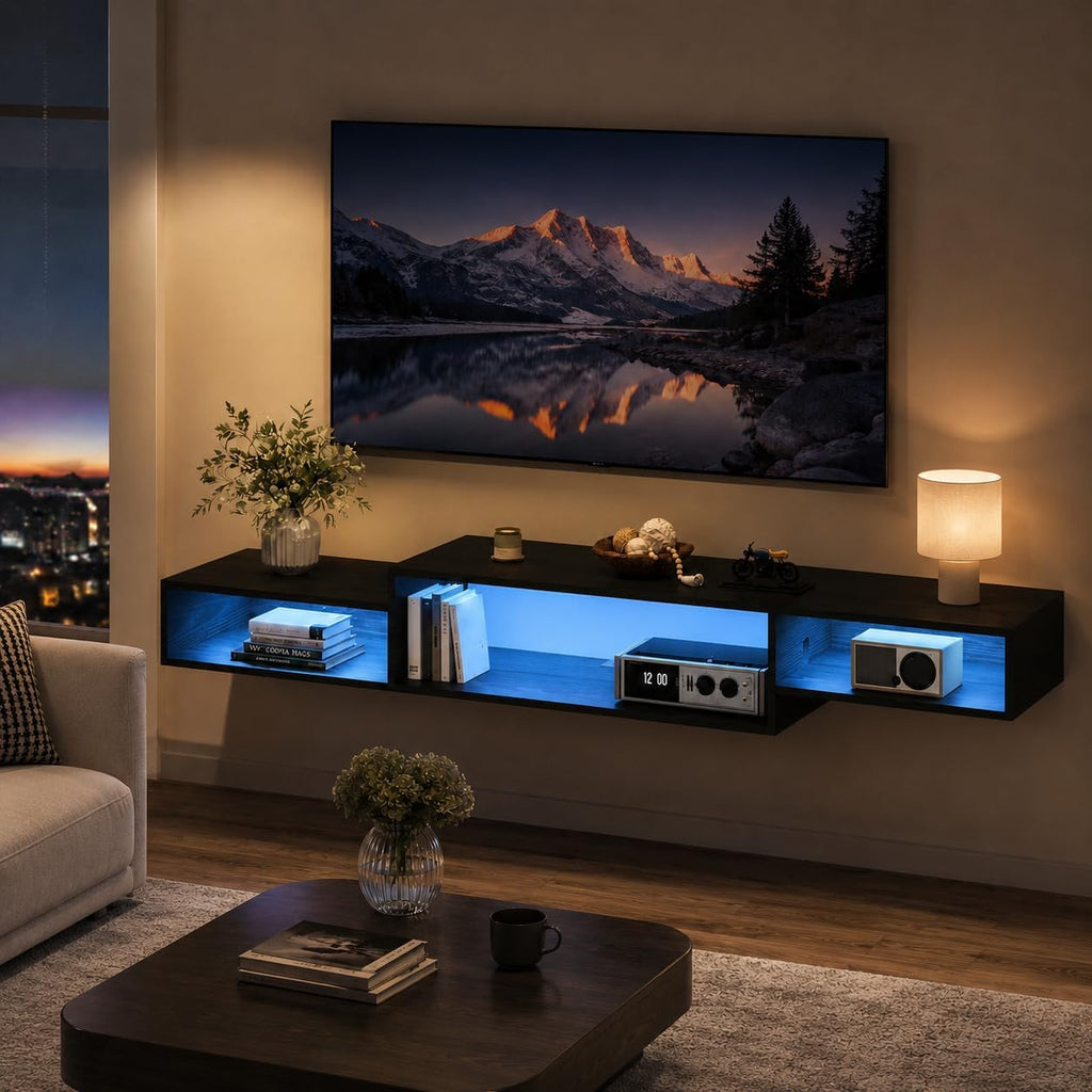 Black LED Power Floating Wall TV Stand