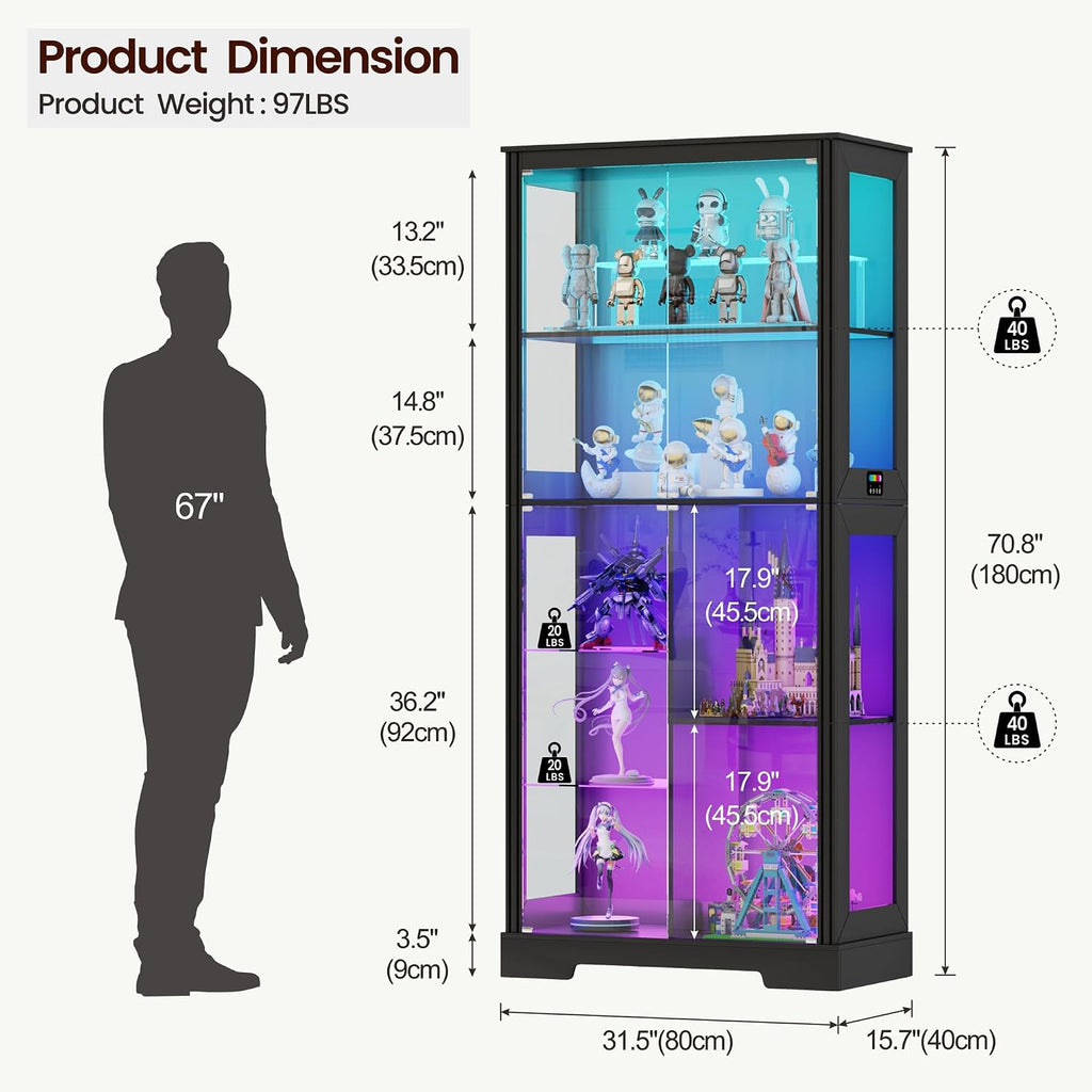 Black Tall RGB Light Glass Display Curio Cabinet