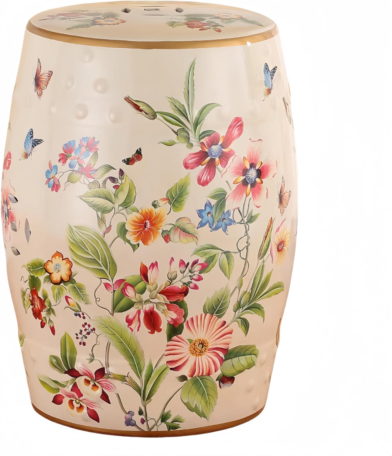 White Floral Butterfly Ceramic Drum Stool