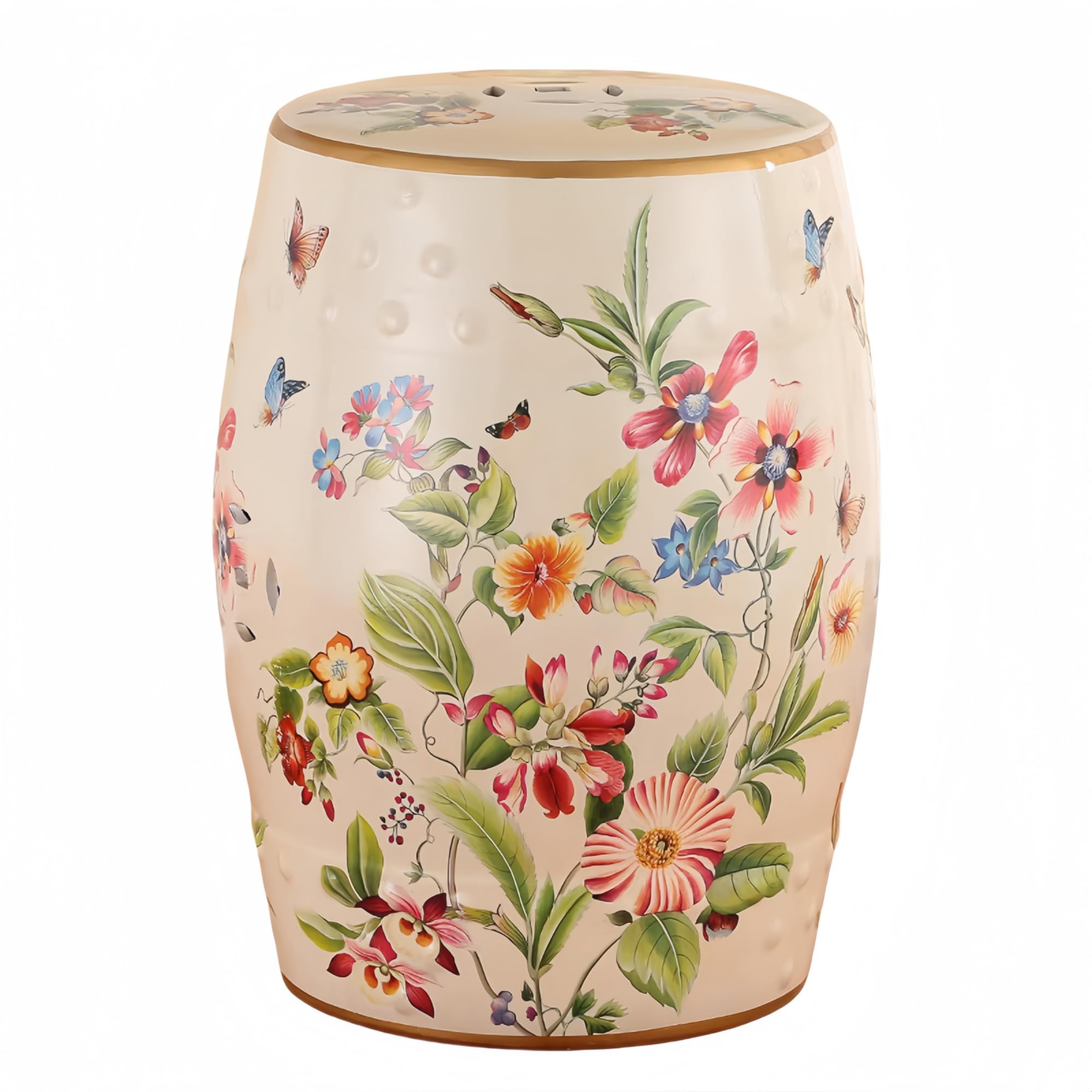 White Floral Butterfly Ceramic Drum Stool