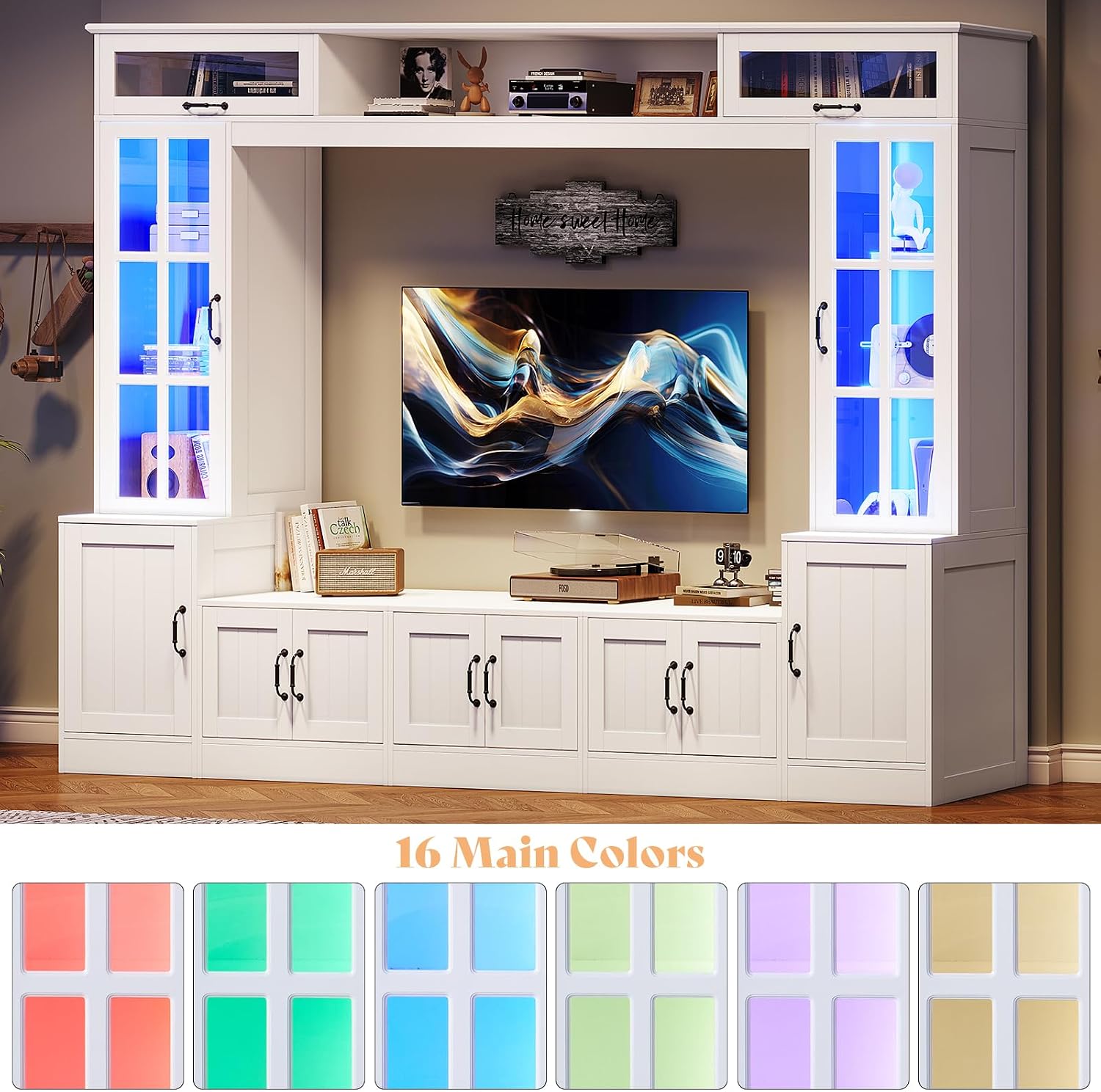 White LED Bookshelf Wall Unit TV Stand