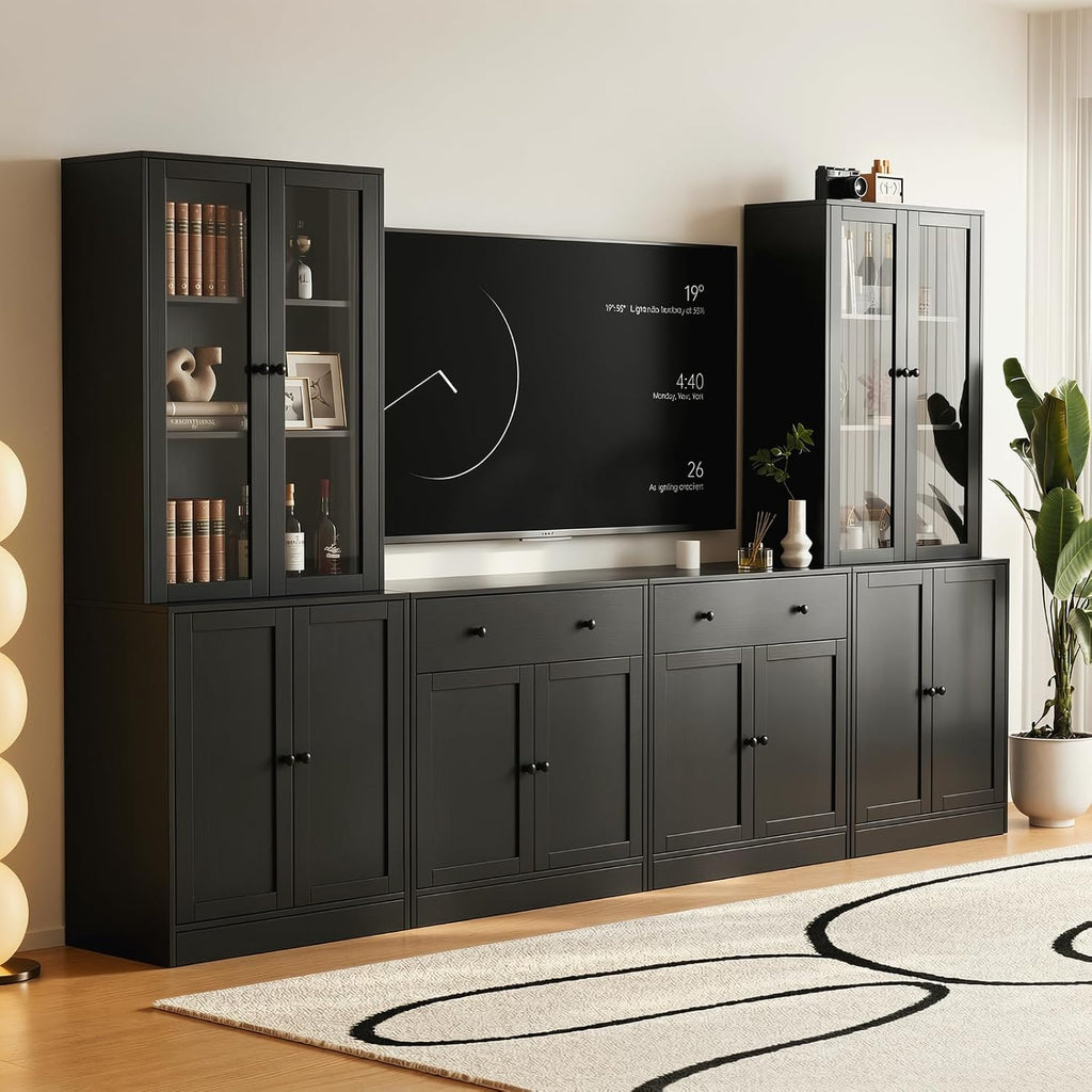 Black Tall Glass Wood TV Stand Storage Set