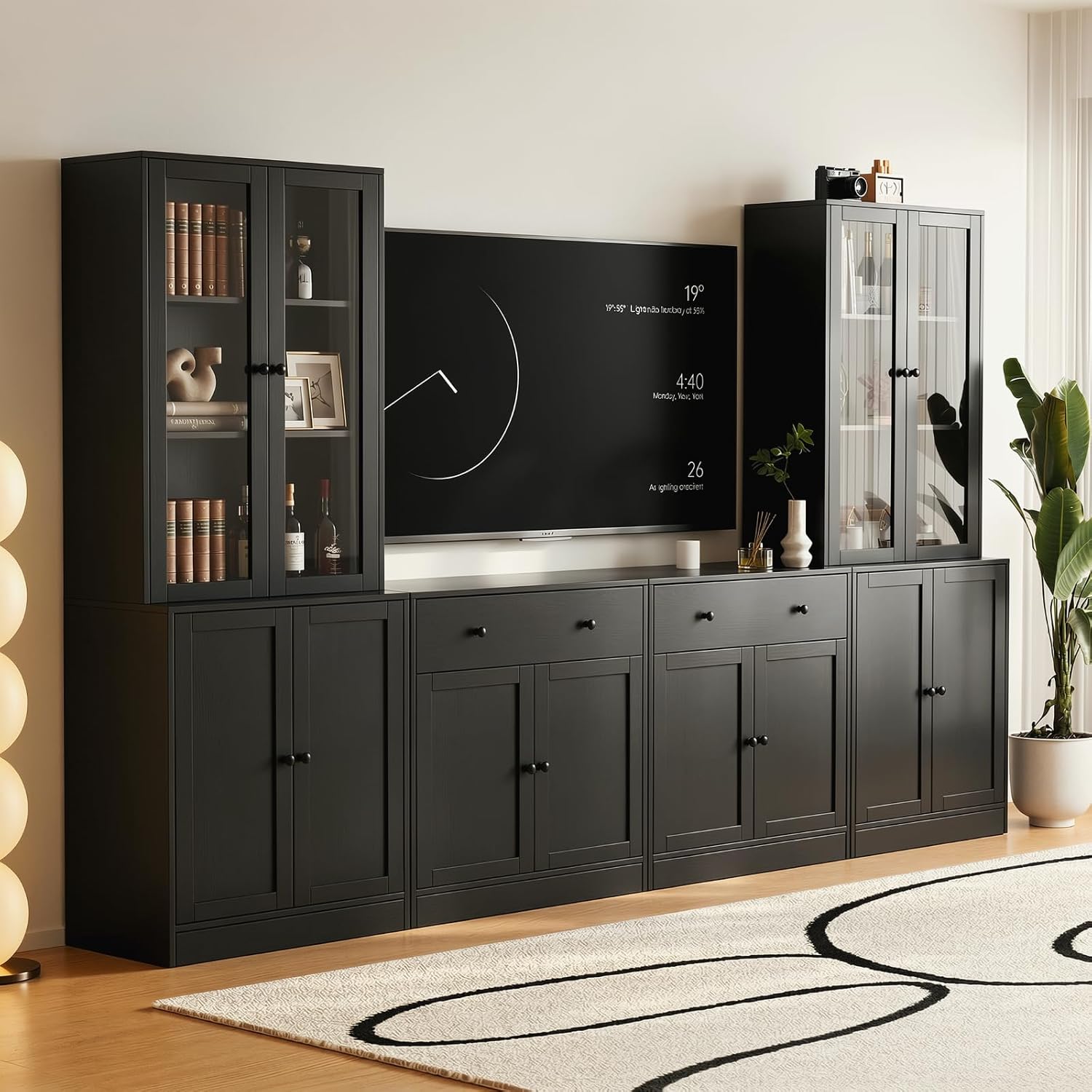 Black Tall Glass Wood TV Stand Storage Set