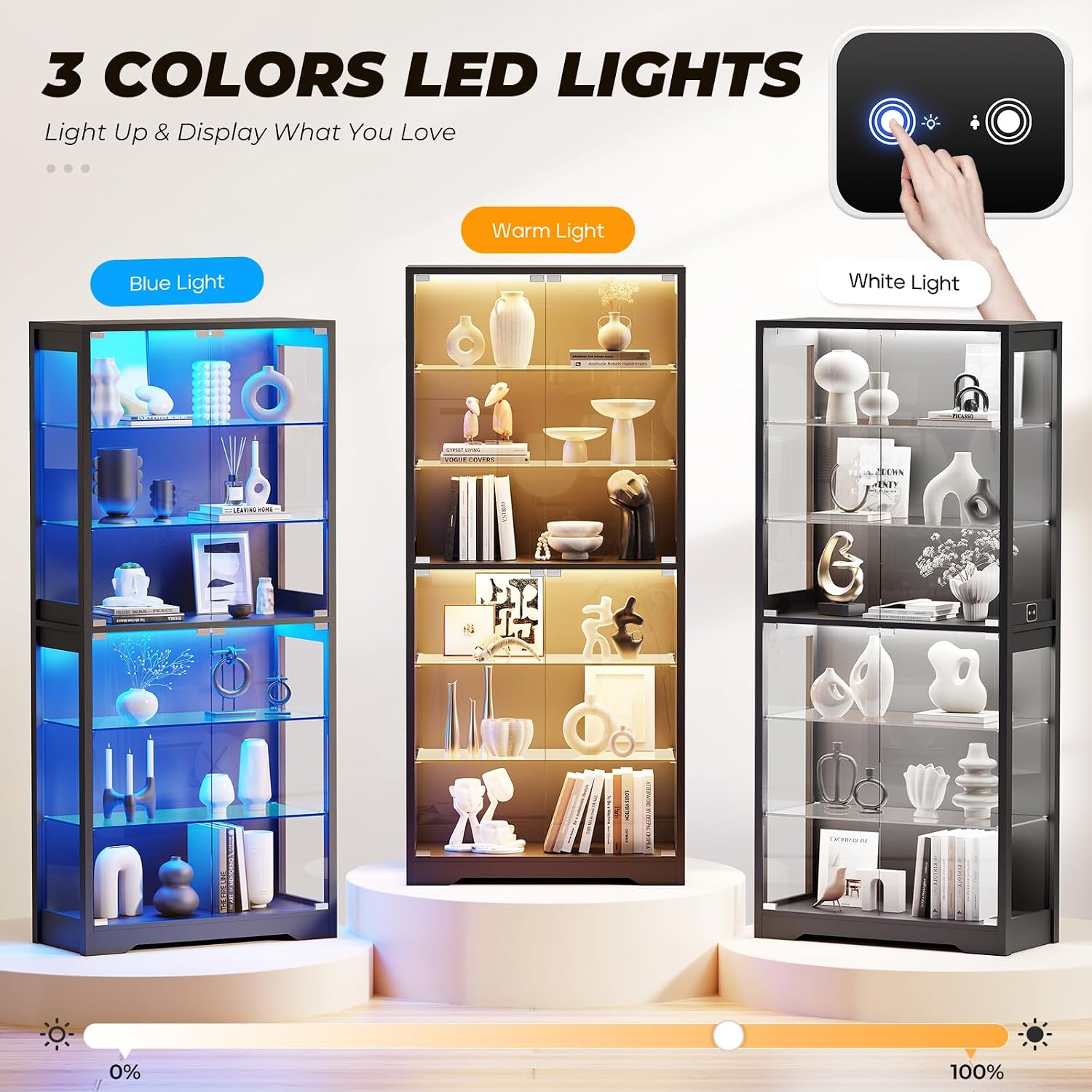 Black Tall LED Sensor Glass Display Cabinet