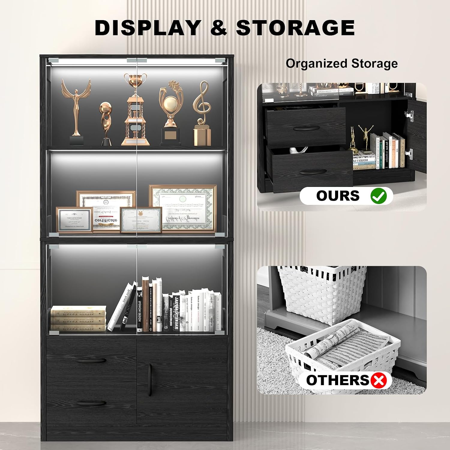 Black Oak LED Glass Door Display Storage Cabinet