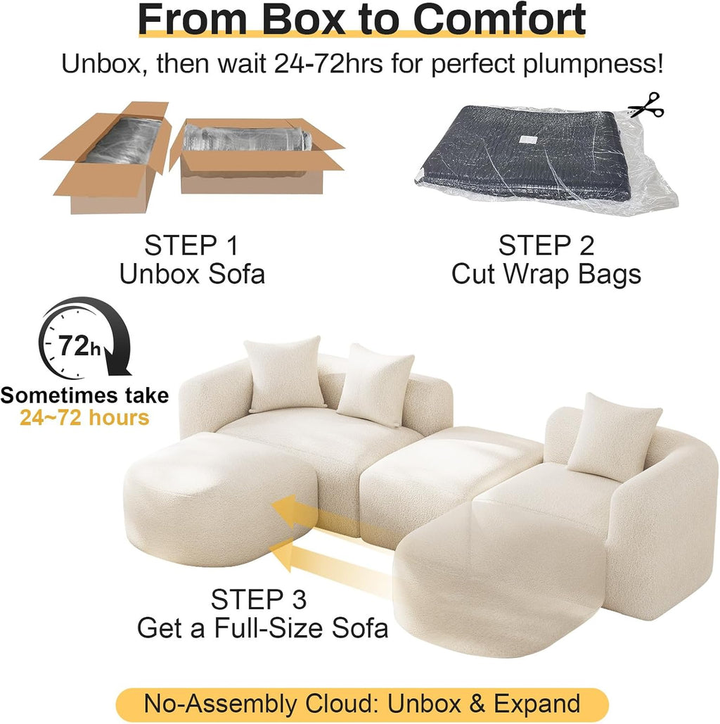 Cream Chenille Curved Cloud Sectional Sofa with Ottoman