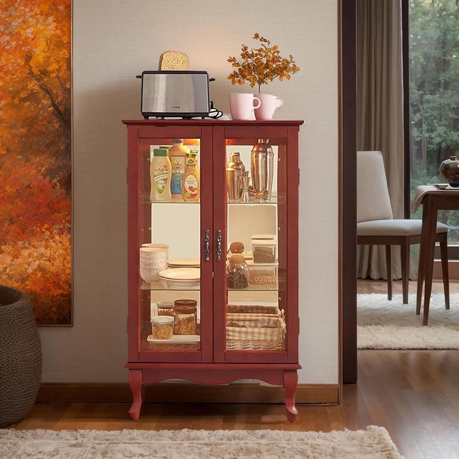 Cherry Lighted Mirrored Back Glass Curio Cabinet