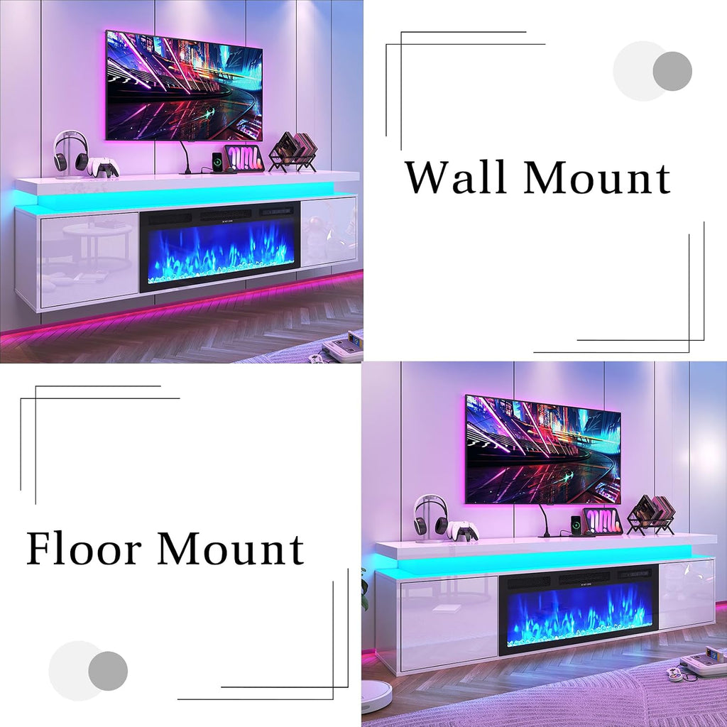 High Gloss LED Floating Fireplace TV Stand