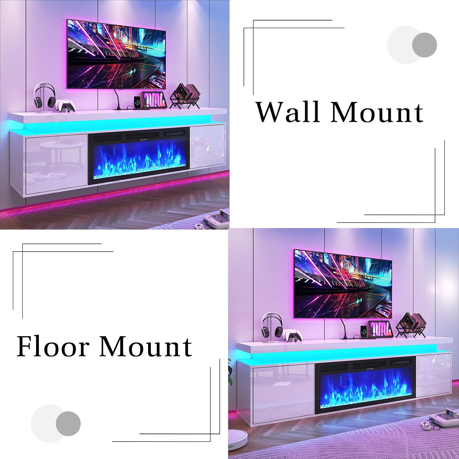 High Gloss LED Floating Fireplace TV Stand