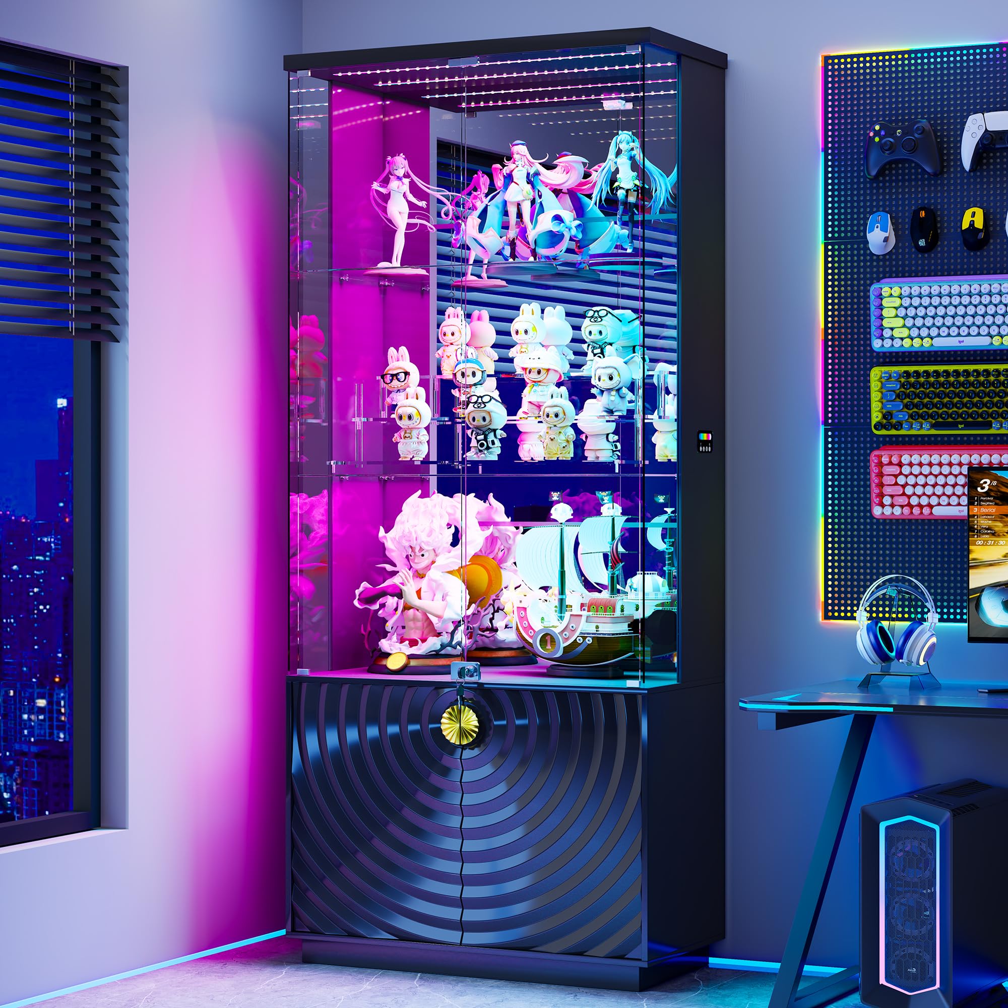 Black Tall Lockable LED Glass Display Cabinet
