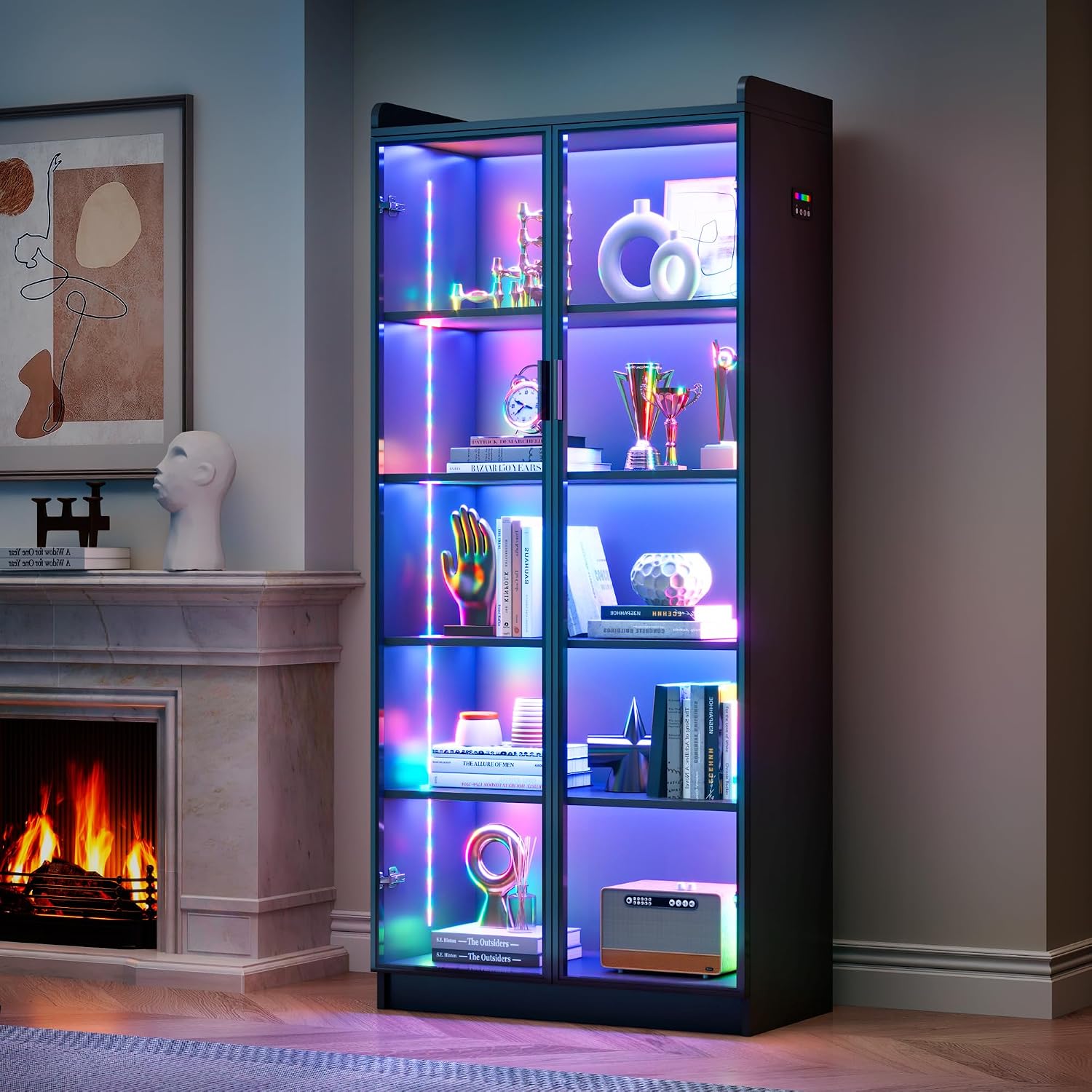 Black Tall RGB Motion Sensor Glass Display Cabinet