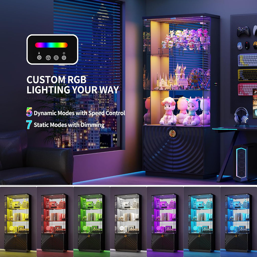 Black Tall Lockable LED Glass Display Cabinet