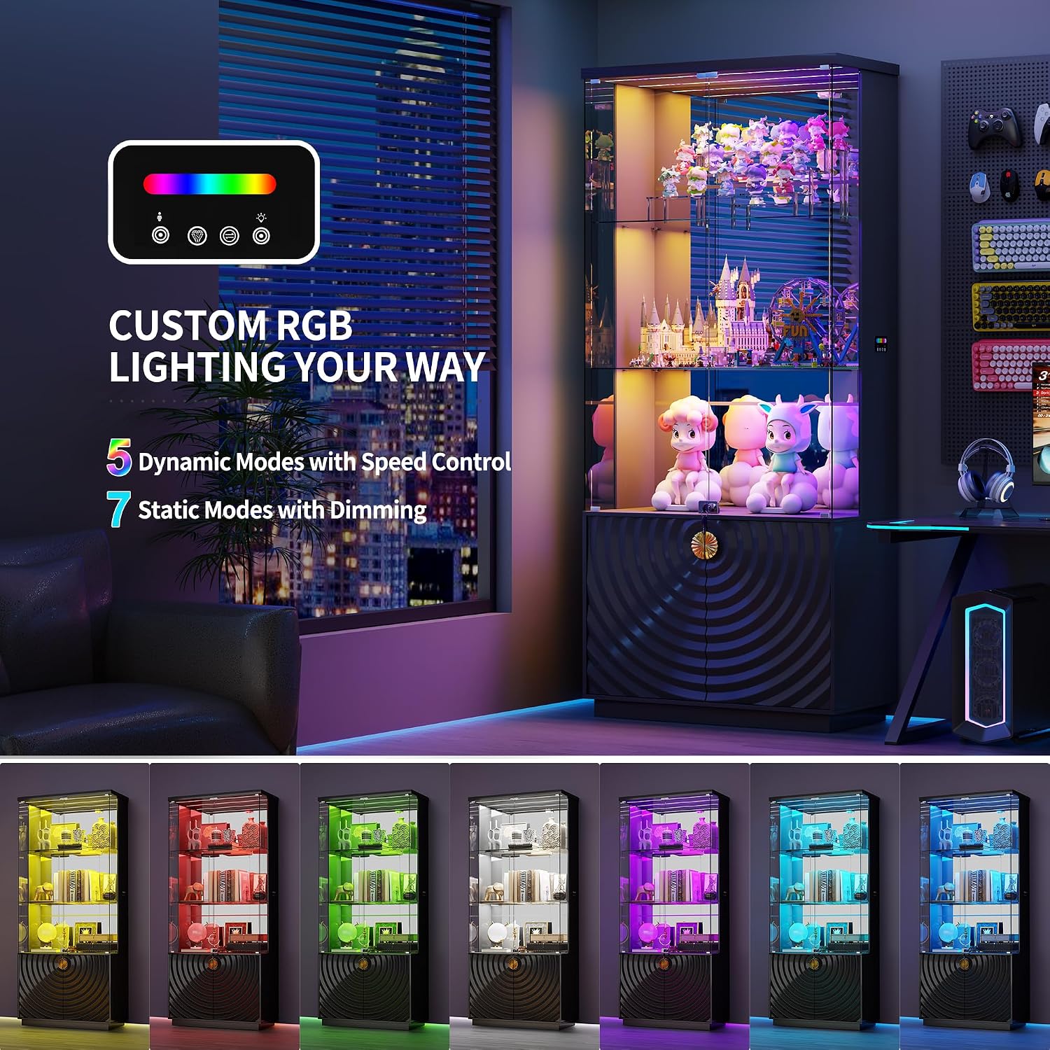 Black Tall Lockable LED Glass Display Cabinet
