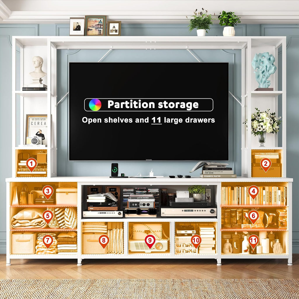 White LED Fabric Drawer Wall Unit TV Stand