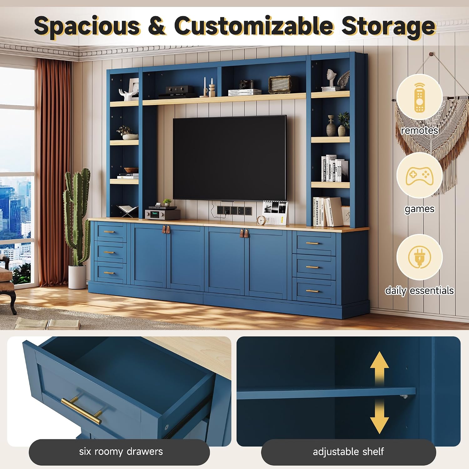 Blue Rustic Farmhouse Wall Unit TV Stand