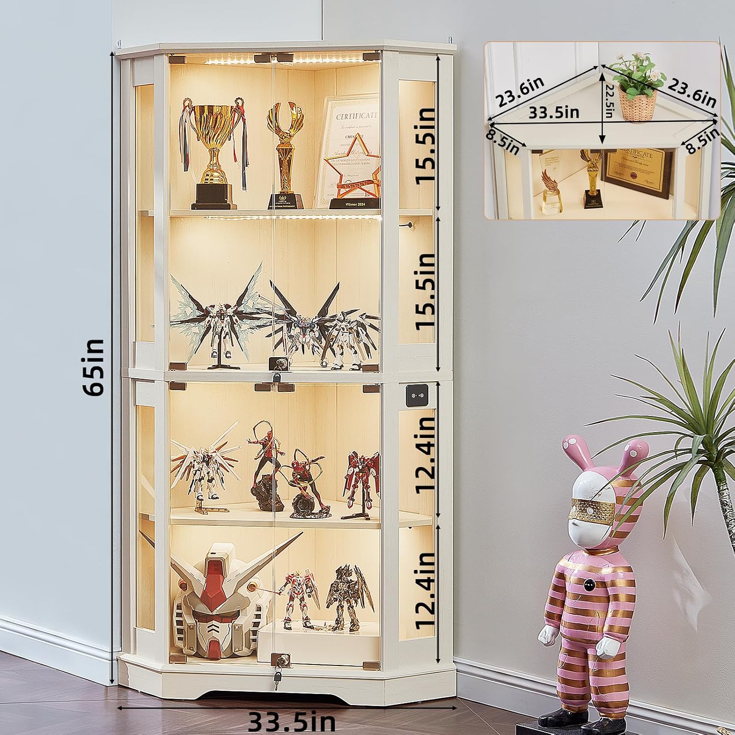 White Farmhouse LED Glass Door Corner Cabinet